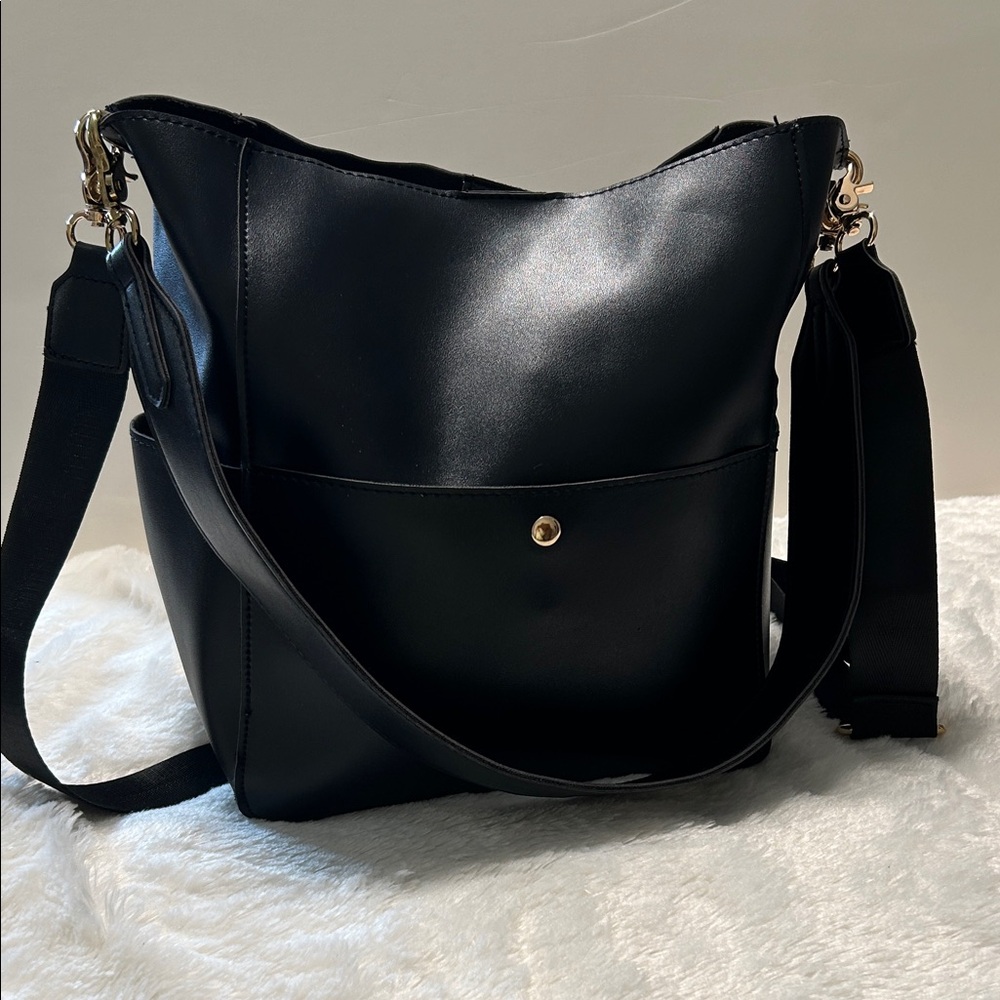 Black PU leather bucket bag